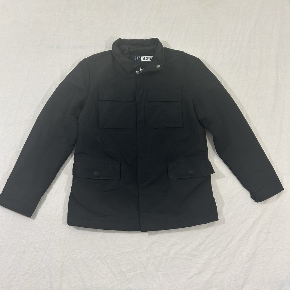 VTG Gap Rain Jacket Cargo Pocket Hideaway Hood Black Full Zip Button Down Mens S
